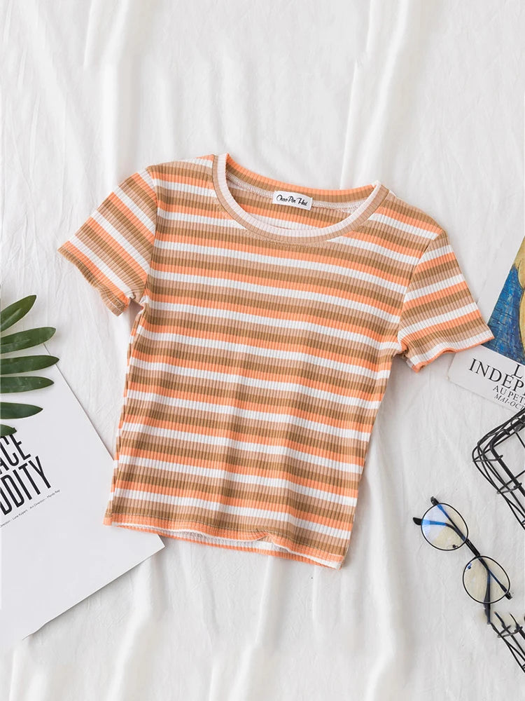 New T Shirt Women Rainbow Striped Tops Slim Fit t shirt Harajuku Tshirt Summer Short Sleeve Korean T-shirt feminina Clothes Tops