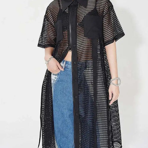 Load image into Gallery viewer, Women Black Mesh Perspective Midi Big Size Shirt Dress New Lapel Short Sleeve Fashion Tide Spring Summer 2025 1DH4934
