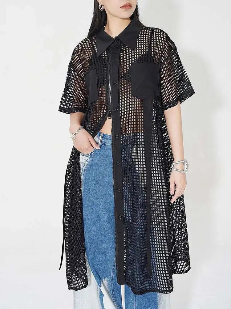 Women Black Mesh Perspective Midi Big Size Shirt Dress New Lapel Short Sleeve Fashion Tide Spring Summer 2025 1DH4934