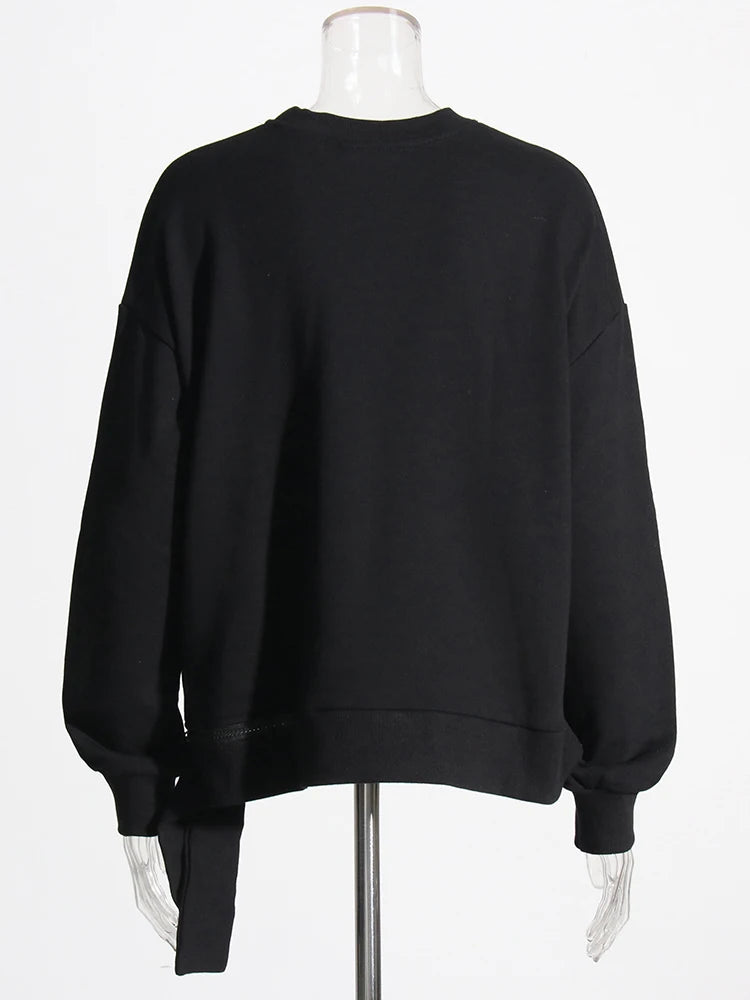 Patchwork Zipper Sweatshirt For Women Round Neck Long Sleeve Asymmetrical Minimalist Sweatshirts Female Clothes New