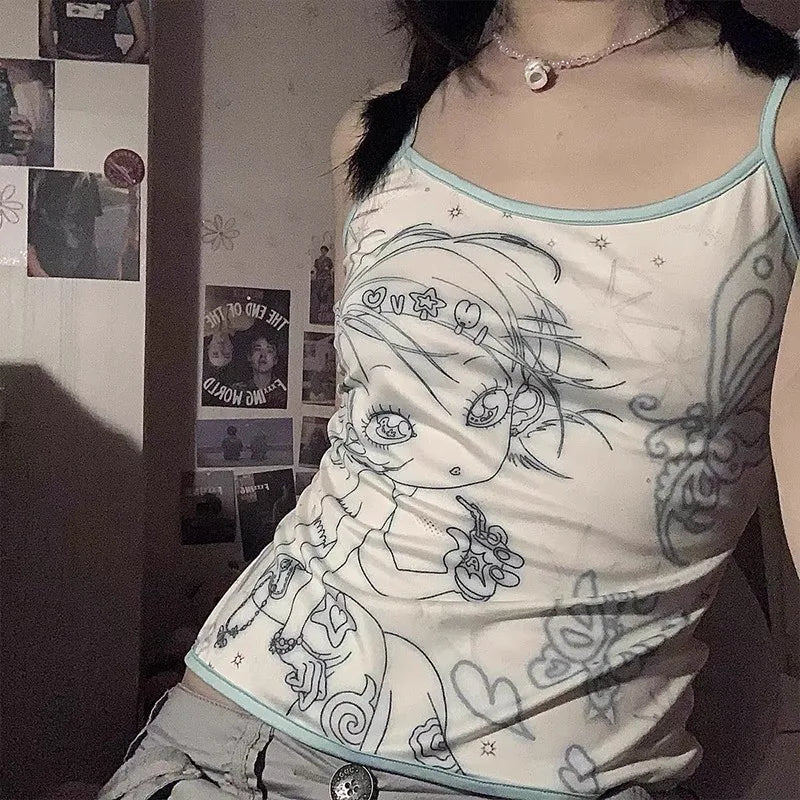 Y2k Aesthetics Cami Top Fairycore Anime Print Camisole 2000s Kawaii Crop Top Japanese Harajuku Tank Tops Grunge E-girls