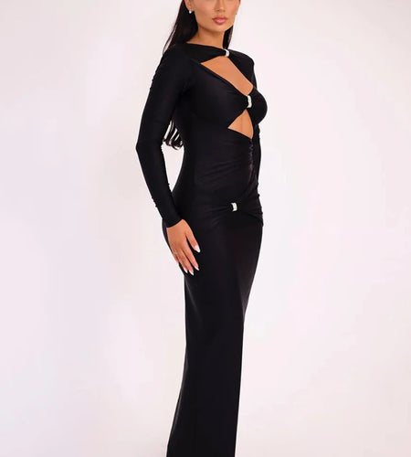 Elegant Hollow Out Long Sleeve Sexy Maxi Dress For Women Solid Color Slim Fit Cut Out Club Party Long Dress New