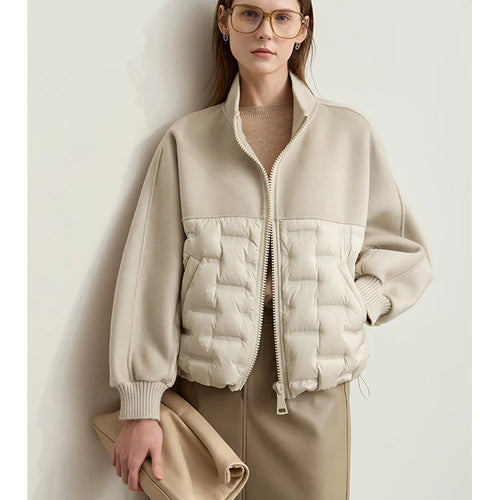 Down Coats 100% Wool Stand Collar Loose Spliced Jackets for Woman 2024 Winter Warm New Casual Versatile Jacket 12454007