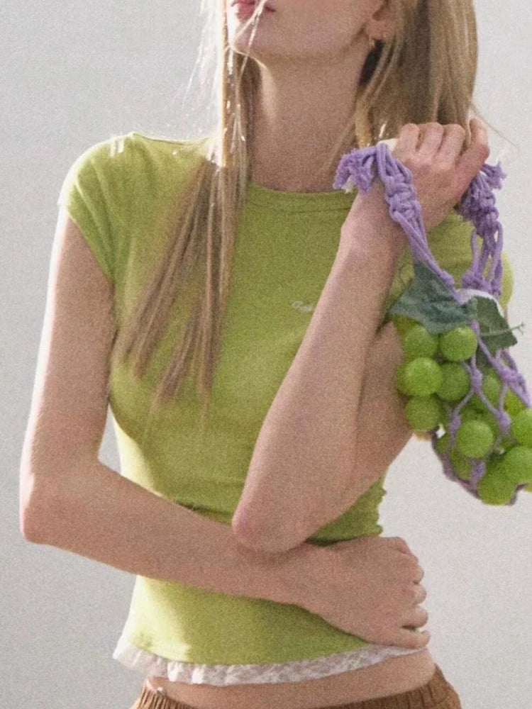 2025 Harajuku Fake Two Pieces T-shirt Women Y2k Aesthetic Lace Patchwork Grunge Tees Streetwear Summer Slim Fit Casual Tshirts