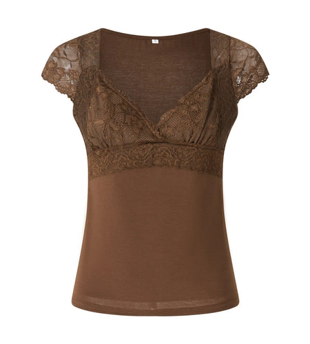 Brown Lace Crop Tops Vintage Aesthetic Women V Neck Short Sleeve T Shirt y2k Fairy Grunge Clothes 2000s Streetwear