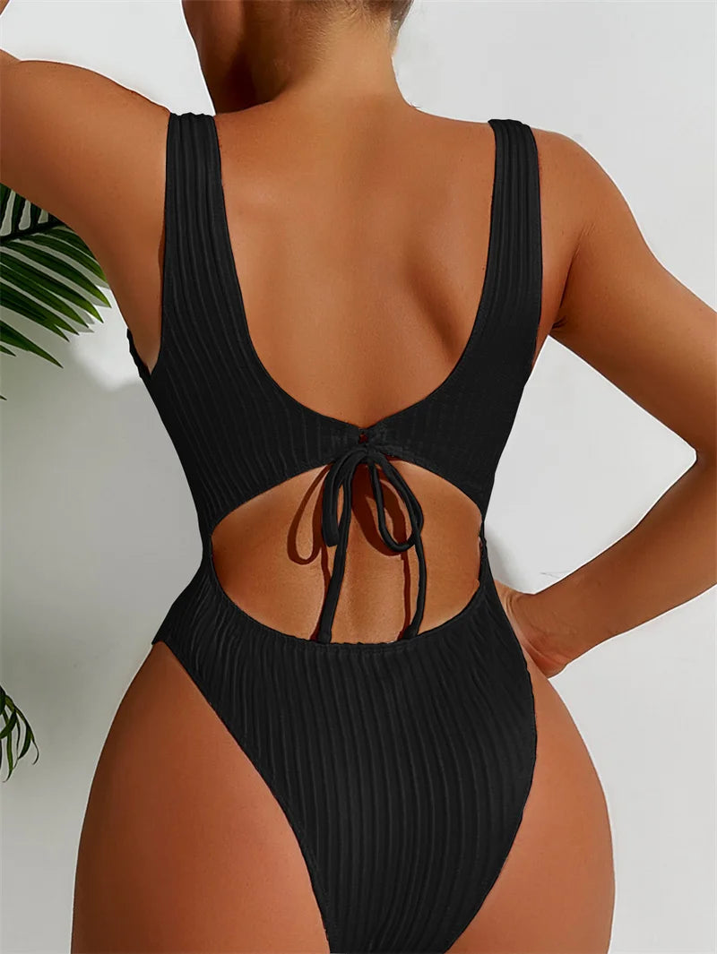 Solid Bandeau One Piece Swimsuit 2024 Swimwear for Women Sexy Back Hollow Out Bathing Suit High Waist Monokini