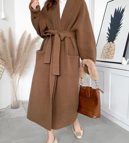 Black Belted Big Size Long Knitting Cardigan Sweater V-Neck Long Sleeve Women New Fashion Tide Spring Autumn 2025 1DH6446