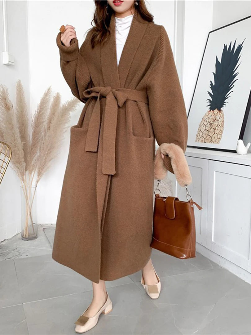 Black Belted Big Size Long Knitting Cardigan Sweater V-Neck Long Sleeve Women New Fashion Tide Spring Autumn 2025 1DH6446