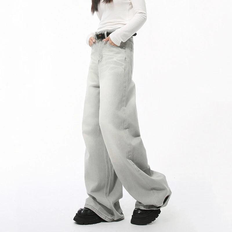 Loose Casual Men's Denim Pants New Cat Beard Washed Grinding White Light Grey Straight Wide Leg Jeans Four Seasons 9C4276