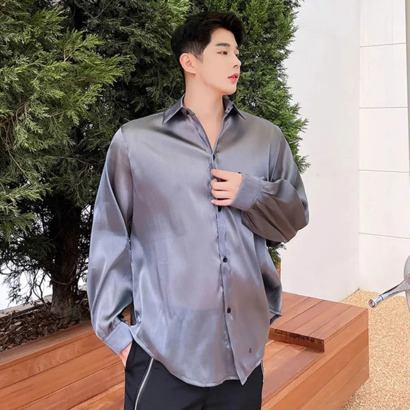 Men's Shirts Long Sleeve Design New Summer Smooth Loose Solid Color Trendy Casual Thin Male Shirt 2025 Korean Style 9W1546