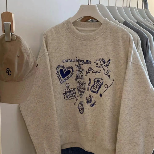 Load image into Gallery viewer, Korean Fashion Women's Gray Embroidered Round Neck Short Sweatshirts Autumn Long Sleeves Vacation Pullovers Tops Casual Popular
