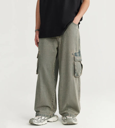 High Street Men's Denim Pants Three-dimensional Big Pockets Worn-out Washed Casual Straight Wide Leg Male Jeans 9C8684