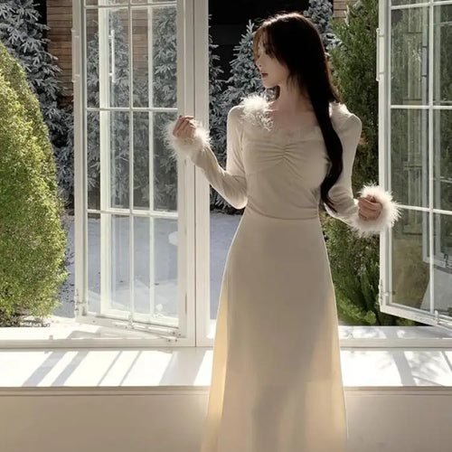 Load image into Gallery viewer, Vintage 2024 Autumn Winter White Elegant Party Dress Korean Fashion Woman Long Sleeve Hairy Square Neck Pleated Dress Slim Trend
