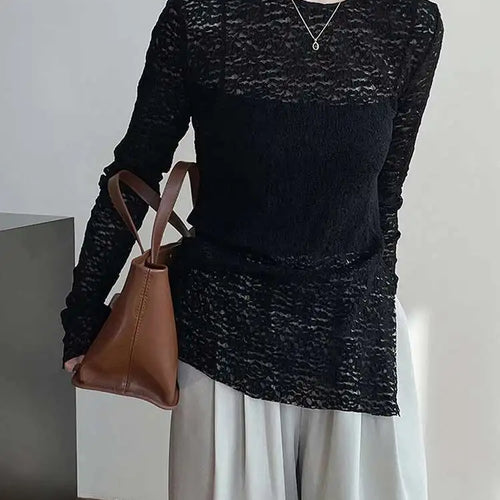 Load image into Gallery viewer, Women White Lace Perspective Side Slit Elegant T-shirt New Round Neck Long Sleeve Fashion Spring Autumn 2025 1DH9845
