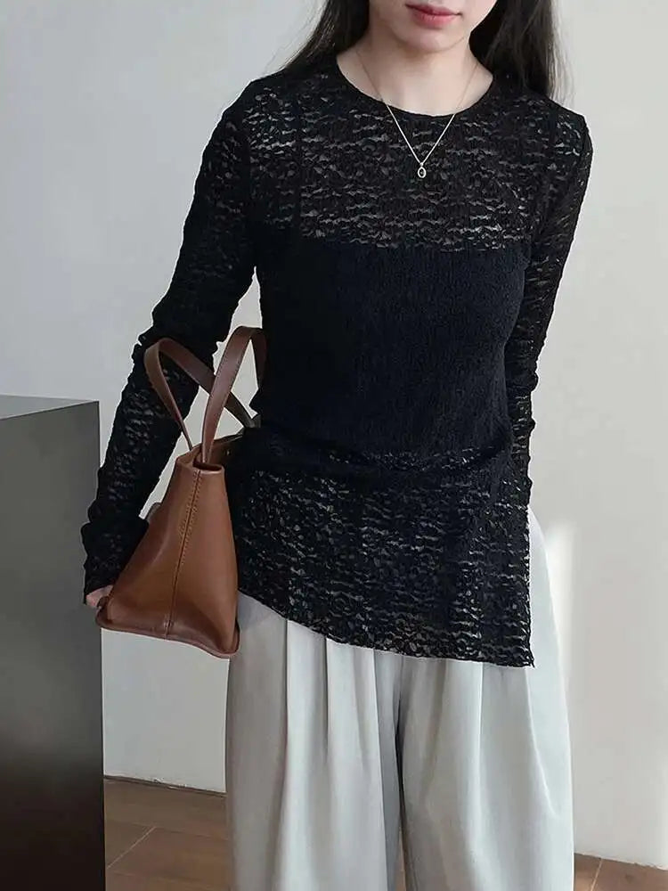 Women White Lace Perspective Side Slit Elegant T-shirt New Round Neck Long Sleeve Fashion Spring Autumn 2025 1DH9845