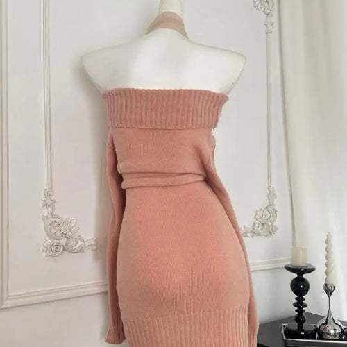 Load image into Gallery viewer, Autumn Winter New Pink Lace Off Shoulder Elegant Knit Dress Women Long Sleeve Slim French Vintage Festival Party Short Dresses
