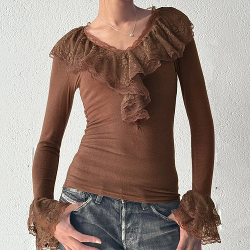 Load image into Gallery viewer, y2k Fairy Grunge Top Women Sexy Solid Color Lace Trim V Neck Long Sleeve T Shirt 2000s Aesthetic Clothing Streetwear
