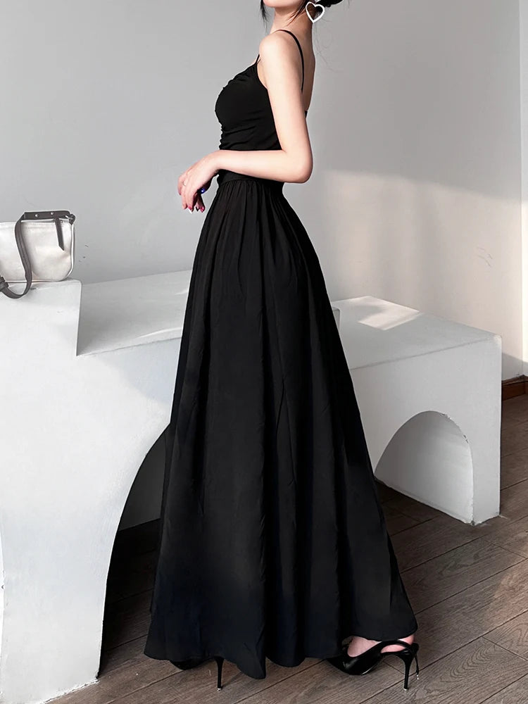 Spaghetti Strap Black Folds Corset Maxi Pleated Dress Female Fashion Elegant Sexy Ruched Long Dreses Korean Clothing