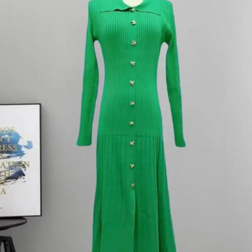 Load image into Gallery viewer, Autumn Winter Solid Elegant Office Lady Knitted Dress Women Slim Long Sleelve Single Breasted Dresses Fashion Simplicity Fashion
