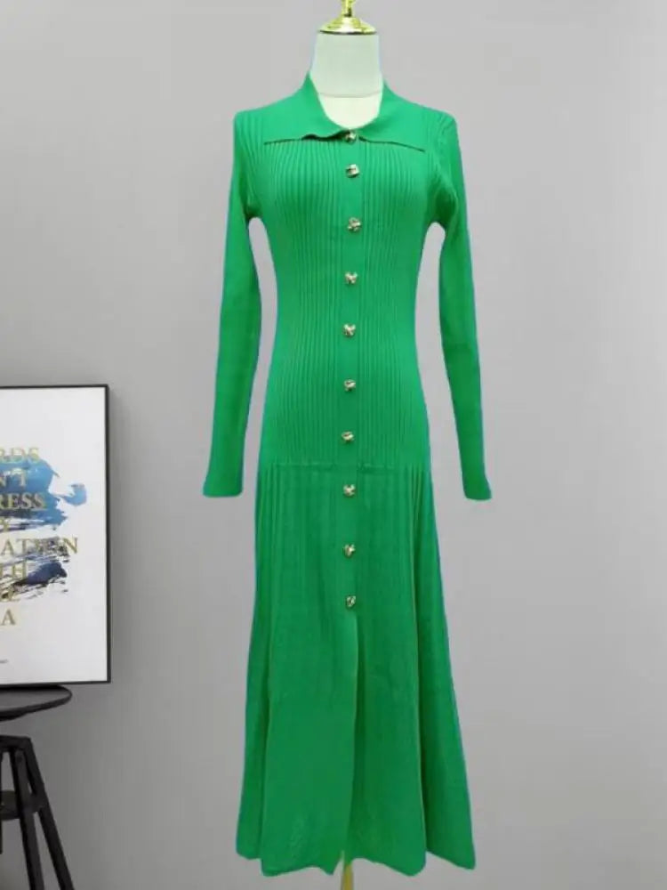 Autumn Winter Solid Elegant Office Lady Knitted Dress Women Slim Long Sleelve Single Breasted Dresses Fashion Simplicity Fashion