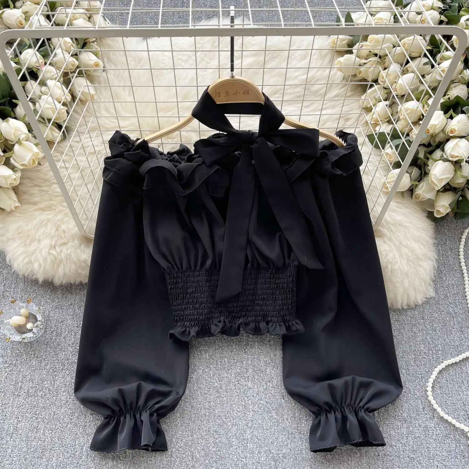 Women Sweet Sexy Club Bow Halter Blouse Off Shoulder Long Sleeve Solid Pleated Shirt Long Sleeve Short Ruffle Tops Spring Autumn