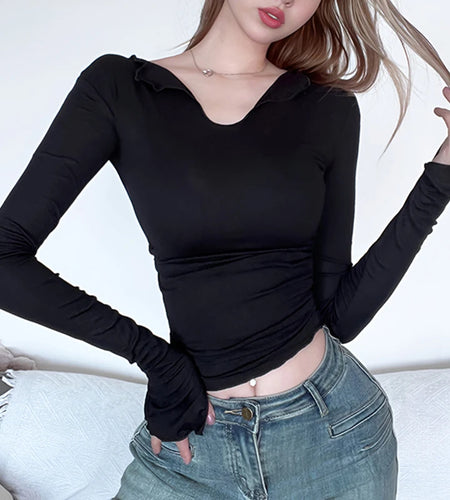 Casual Fitness Long Sleeve Women Tee Shirt Solid Basic Korean Style Crop Top Spring Autumn T-shirts All-Match Clothes