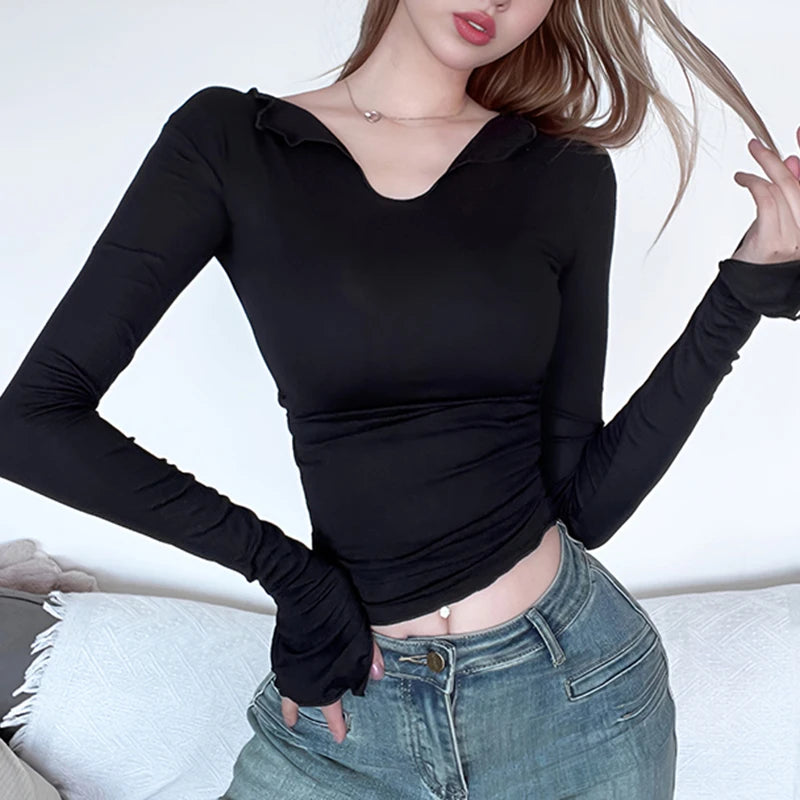 Casual Fitness Long Sleeve Women Tee Shirt Solid Basic Korean Style Crop Top Spring Autumn T-shirts All-Match Clothes