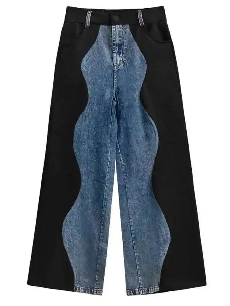 High Elastic Waist Black Color-block Denim Long Wide Leg Pants New Trousers Women Fashion Tide Spring Autumn 2025 1DH4642
