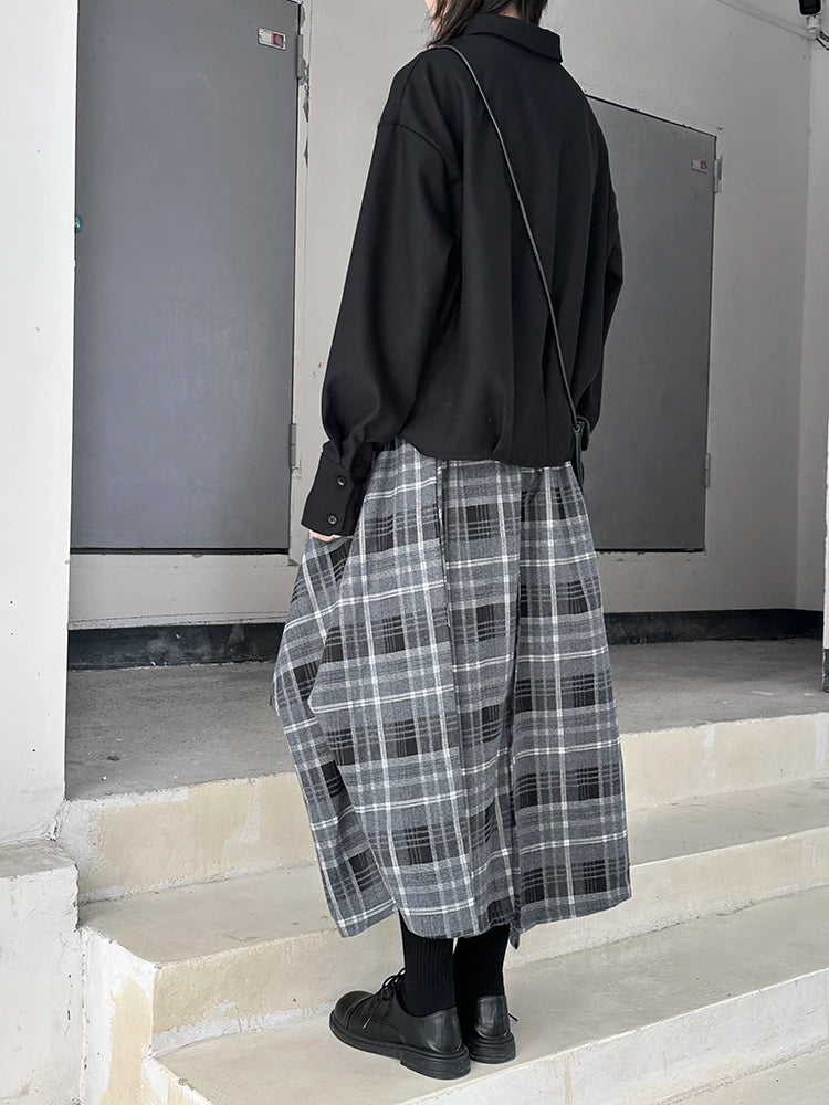 High Elastic Waist Black Plaid Irregular Design A-line Half-body Skirt Women Fashion Tide New Spring Autumn 2025 1DH9207