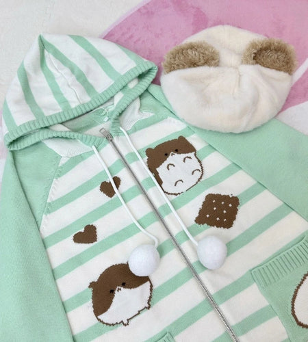 Harajuku Knitted Stripe Hooded Cardigan Women Y2k Aesthetic Cartoon Jacquard Casual Loose Sweater Grunge Vintage Drawstring Tops