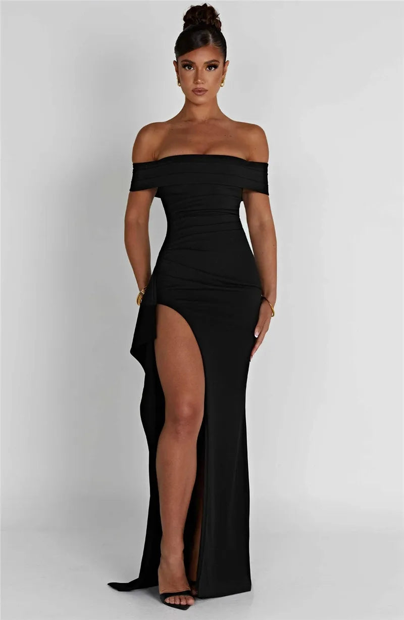 Elegant Off-shoulder High Split Maxi Dress Women Fashion Strapless Sleeveless Backless Bodycon Club Party Sexy Dress