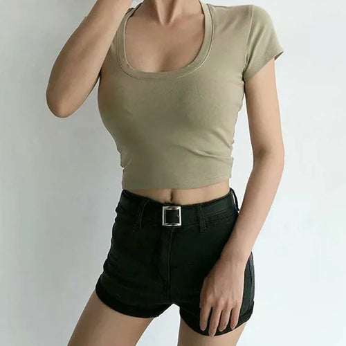 Load image into Gallery viewer, U-Neck Crop Top Solid Color Women Casual High Waist T Shirt Basic Sexy Streetwear Short Sleeve Slimming Tops
