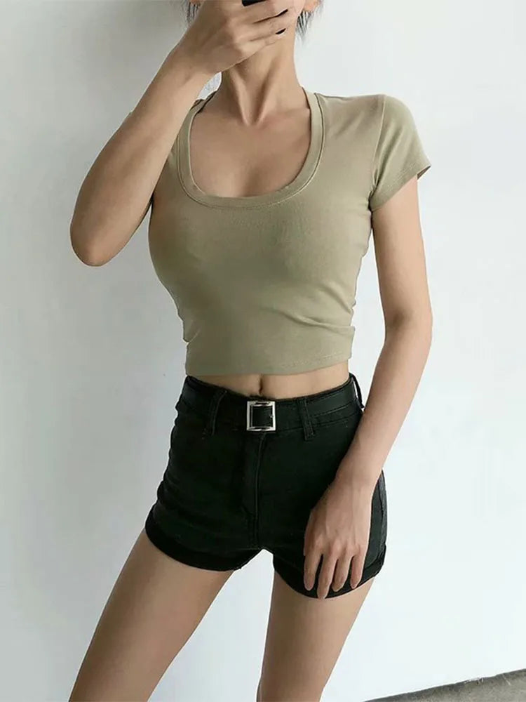 U-Neck Crop Top Solid Color Women Casual High Waist T Shirt Basic Sexy Streetwear Short Sleeve Slimming Tops