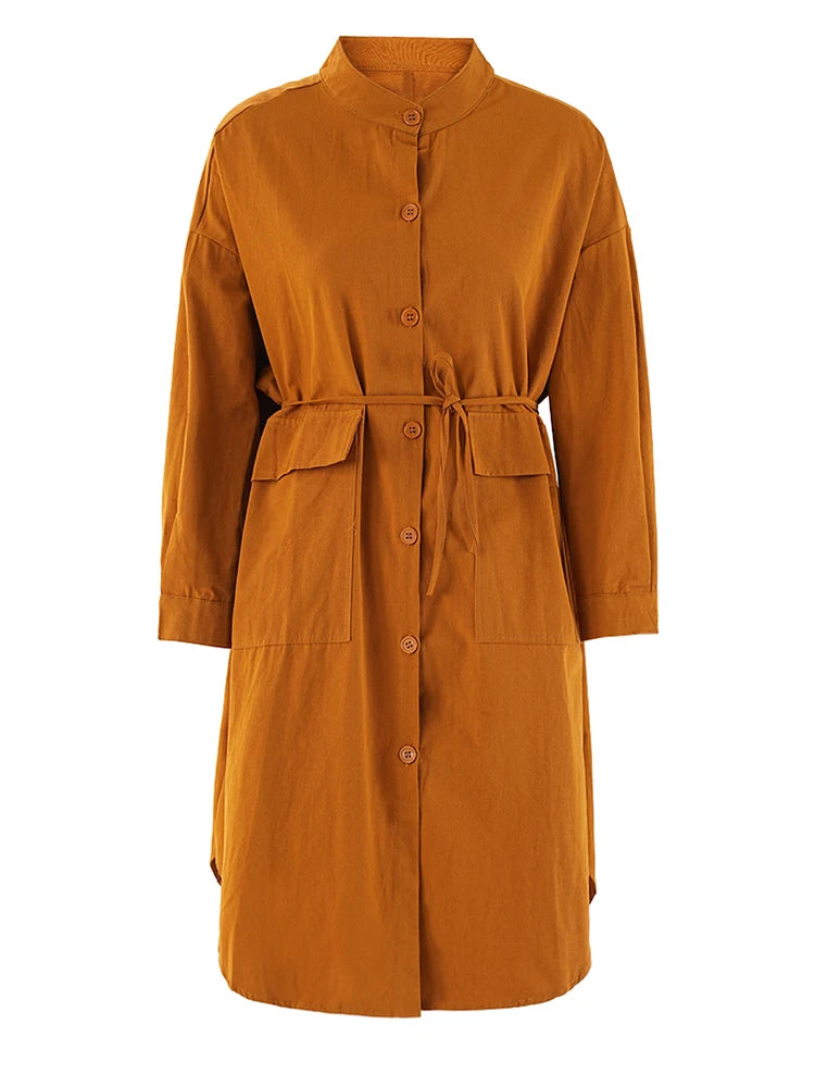 Women Orange Big Size Long Casual Blouse New Stand Collar Long Sleeve Shirt Fashion Tide Spring Autumn 2025  CPG2083