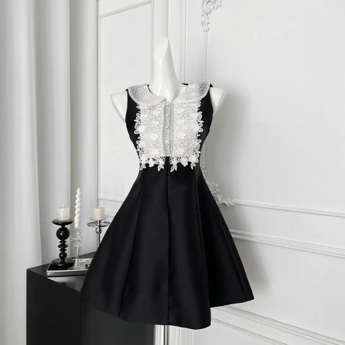 Load image into Gallery viewer, French 2025 Women Black Patchwork Lace Elegant Sleeveless Button High Waist Short Vest Dress Summer Birthday Party Mini Dresses
