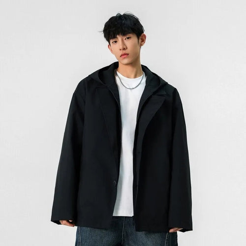 Load image into Gallery viewer, Male American Style Fake Two Piece Lapel Jackets Men&#39;s Hooded Casual Solid Color Stand Collar Loose Coats Menswear 9W1235
