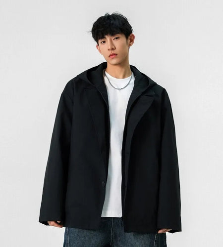 Men's Hooded Suit Jacket New Korean Lapel Fake Two-piece Design Single Breasted Solid Color Spring New Male Blazers 9W1242