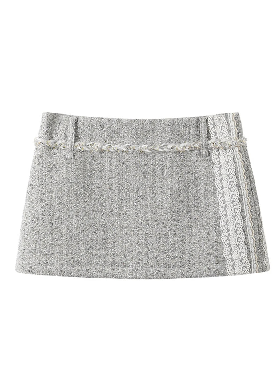 Vintage Two Piece Sets for Women O Neck Long Sleeves Spliced Tassels Top High Waist Patchwork Lace Skirt Set Female