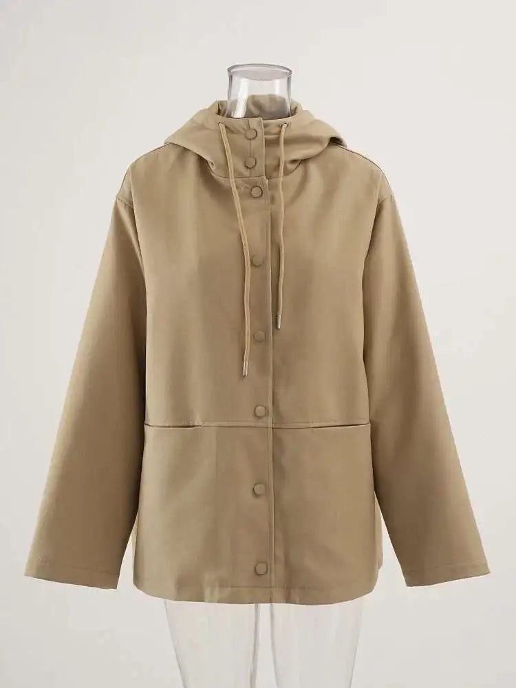 Women Khaki Pocket Big Size Casual Trench New Hooded Long Sleeve Windbreaker Fashion Tide Spring Autumn 2025 CPG2469