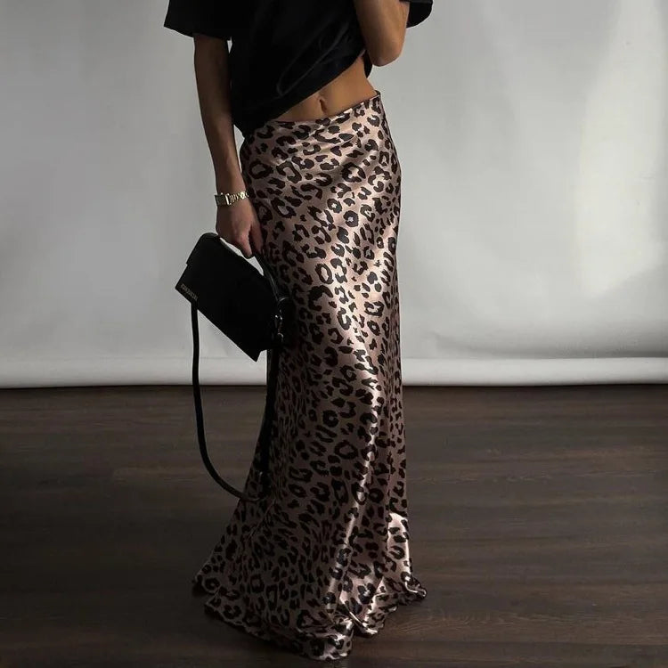 Satin Leopard Print Long Skirt Women Fashion High Waist Maxi Fishtail Skirt Ladies Fashion With Zipper Sexy Skirts