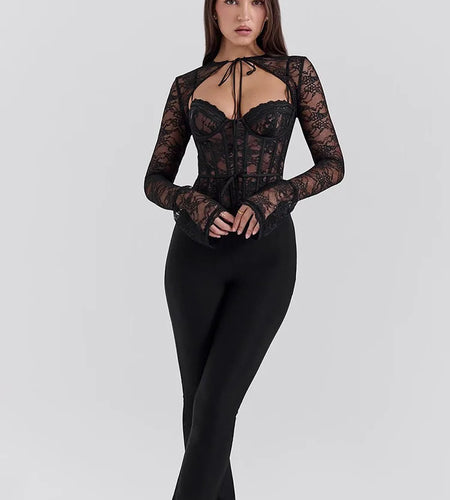 Elegant Lace Printed Patchwork Long Sleeve Hollow Out Women Top Set Sexy Perspective Fishbone Tight Strap Up 2025 Set