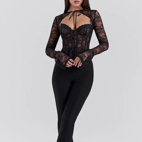 Load image into Gallery viewer, Elegant Lace Printed Patchwork Long Sleeve Hollow Out Women Top Set Sexy Perspective Fishbone Tight Strap Up 2025 Set
