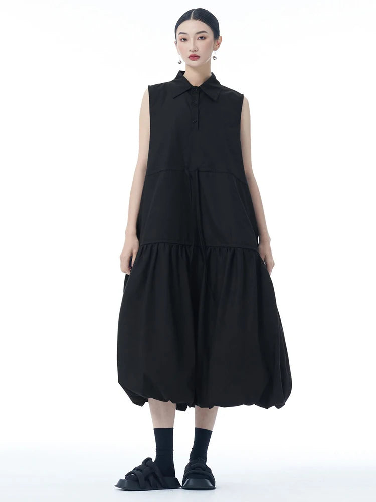 Women Black Brief Pleated Big Size Midi Bud Shirt Dress New Lapel Sleeveless Fashion Tide Spring Autumn 2025 1DJ0955