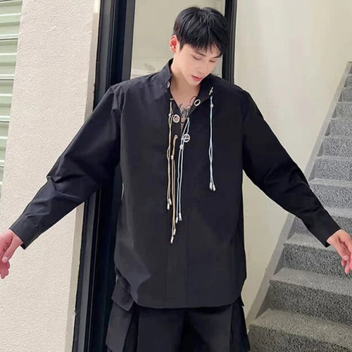 Load image into Gallery viewer, Male Shirts New Niche Design Buckle Rope Decoration Long Sleeved Shirt Trendy Casual Solid Color Stand Collar Top 9W1282
