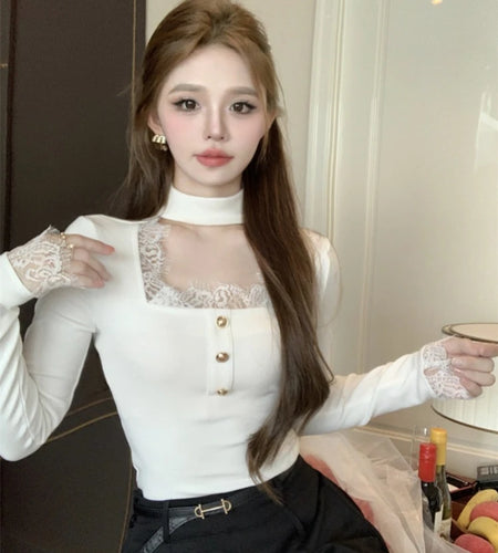 Patchwork Lace Elegant Sweet Tshirts Women Chic Sweet Y2k Slim Button Tees Square Collar Bottoming Vintage Long Sleeve Crop Top