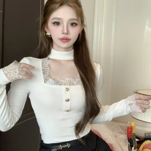 Load image into Gallery viewer, Patchwork Lace Elegant Sweet Tshirts Women Chic Sweet Y2k Slim Button Tees Square Collar Bottoming Vintage Long Sleeve Crop Top
