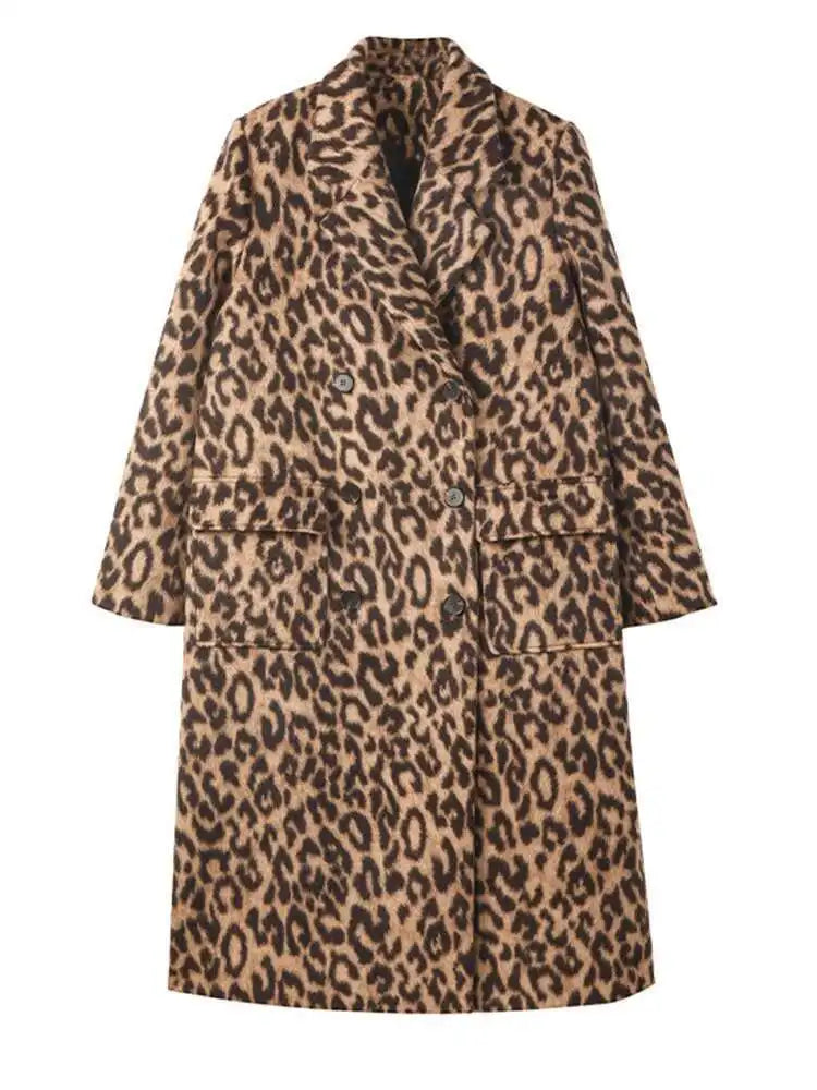 Leopard Print Thick Big Size Long Woolen Coat New Lapel Long Sleeve Women Jacket Fashion Tide Autumn Winter 2025 1DH8599