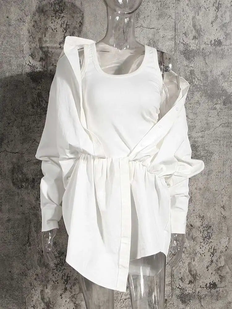 Women White Irregular Knot Split Big Size  Dress New Lapel Long Sleeve Loose Fit Fashion Spring Summer 2025 1X3420