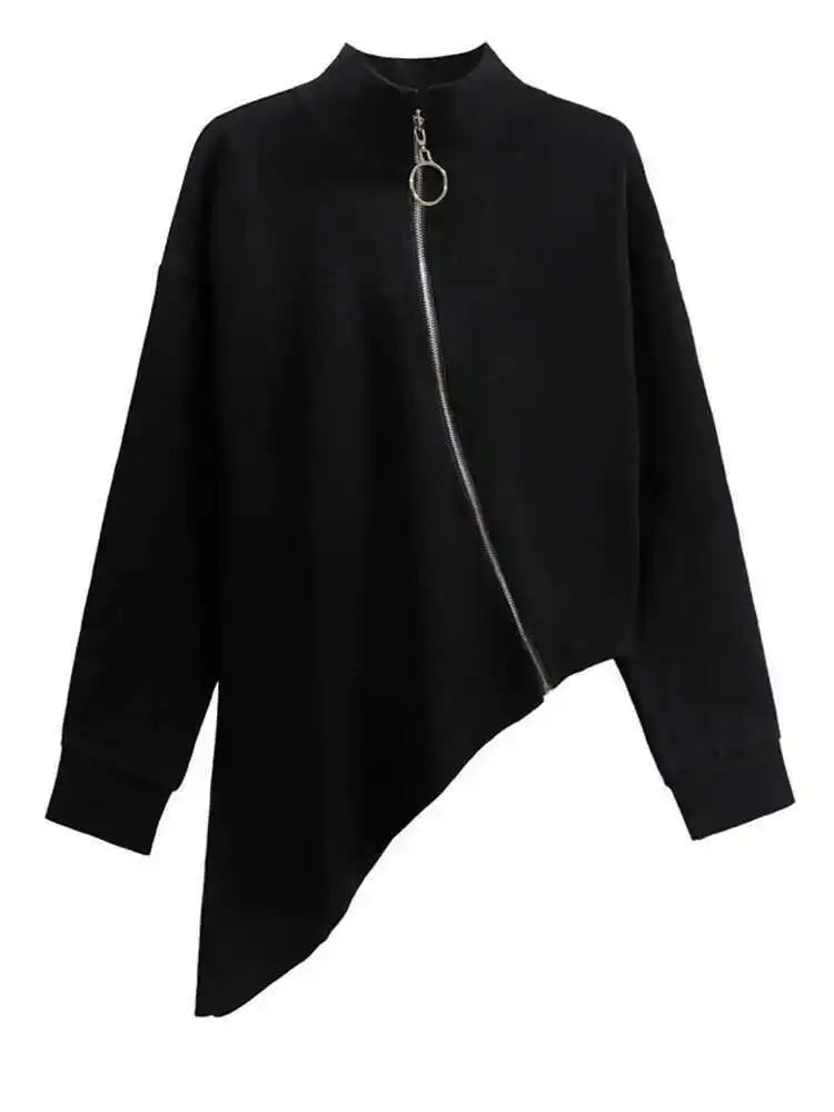 Women Black Big Size Irregular T-shirt New Turtleneck Long Sleeve Loose Fit Fashion Tide Spring Autumn 2025 1DH4338