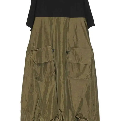 Load image into Gallery viewer, Women Black Drawstring Pocket Big Size Midi Dress New Round Neck Shhort Sleeve Fashion Tide Spring Summer 2025 1DJ0773
